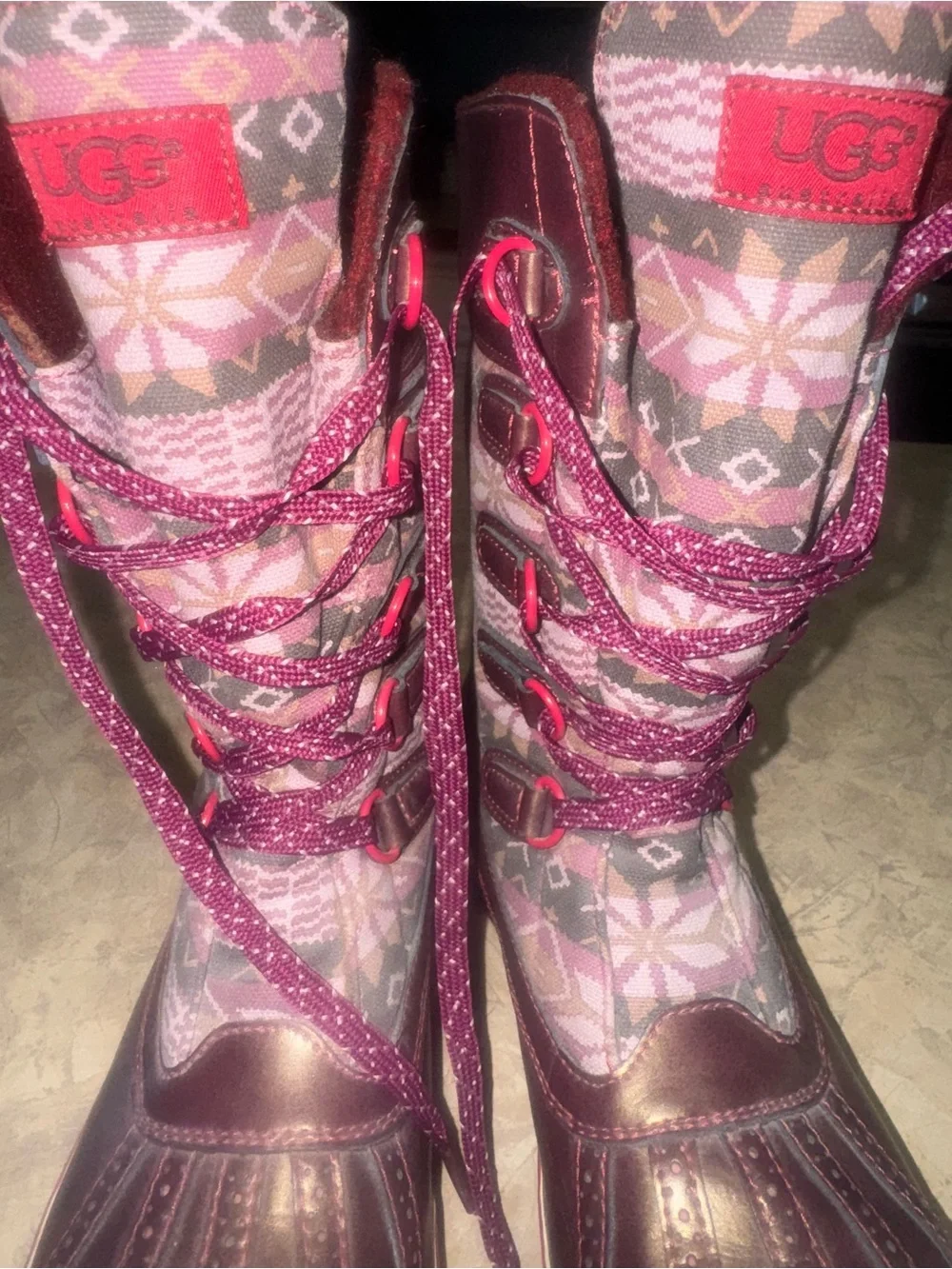 UGG Burgundy Patterned Lace-Up Winter Boots